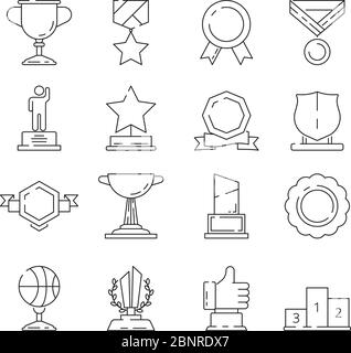 Successful reward icon. Winner cups and trophies medal and ribbons vector thin line symbols Stock Vector