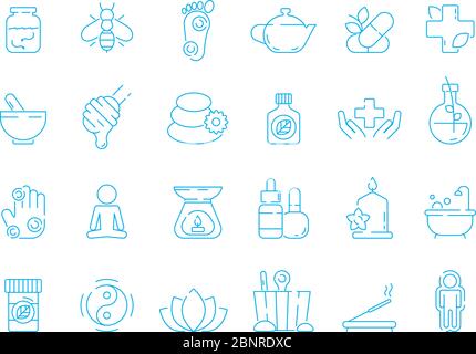 Alternative medicine symbols. Holistic vitamin herbal care traditional naturopathy vector linear icon set Stock Vector