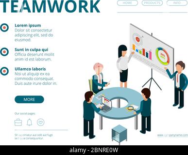 Business meeting landing. Company managers financial director consultation management vector web pages template vector isometric Stock Vector