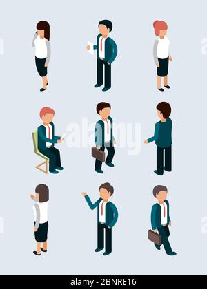 Isometric business people. Young male female office managers director workers in action poses team dialog vector 3d business characters Stock Vector