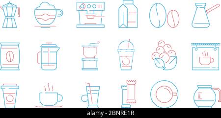 Coffee cup icons. Hot drinks tea and coffee espresso cup and mug pot cake food vector linear symbols Stock Vector