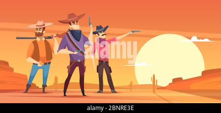 Western background. Dessert silhouettes and cowboys on horses wildlife vector illustrations Stock Vector