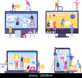 Characters making web pages. Peoples decorated websites team in business marketing scenes simple stylized vector illustrations Stock Vector