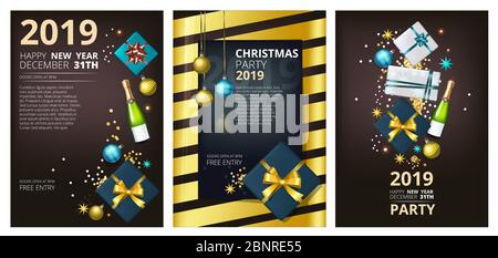 Holiday brochure template. Corporate greeting card party new year 2019 and christmas invitation designs Stock Vector