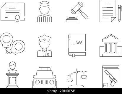 Law thin icon. Legal lawyer criminal judgement sheriff and police justice punishment vector symbols isolated Stock Vector