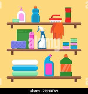 Households goods shelves. Chemical detergent bottles in laundry service room vector flat composition Stock Vector