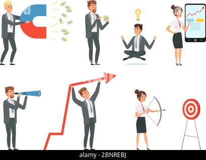 Business people. Managers male and female with tools making deals on their workspaces vector concept characters at work situations Stock Vector