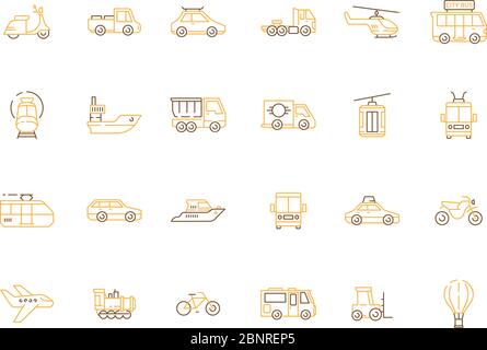 Urban transport icon. Public vehicles taxi motorcycle planes boats helicopter car train vector outline pictures Stock Vector