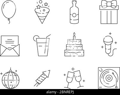 Party thin icons. Event celebration birthday fun entertainment party balls and cakes vector linear symbols isolated Stock Vector