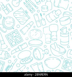 Makeup pattern. Hair brush eyeshadows lipstick nails vector seamless textile design project Stock Vector