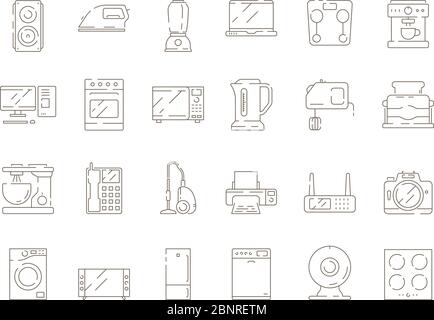 Home households items. Kitchen electrical appliances mixer microwave tv computer refrigerator vector thin line icons Stock Vector