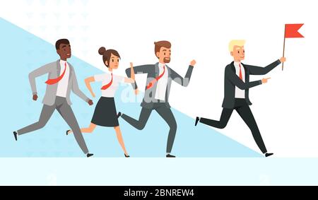 Business people running. Workers managers male female goes with their mentor leader director red flag hand leadership vector concept Stock Vector