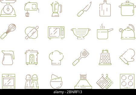 Cooking kitchen items. Knife pan spoons and forks cuisine tools microwave electronic scale vector thin line icons collection Stock Vector