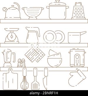 Kitchen shelves. Cooking items pots spoon fork knife pans vector thin linear composition Stock Vector