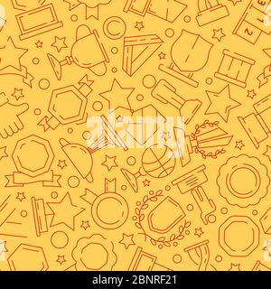 Trophy pattern. Sport winner rewards medal and cups textile texture vector seamless background thin line icons Stock Vector