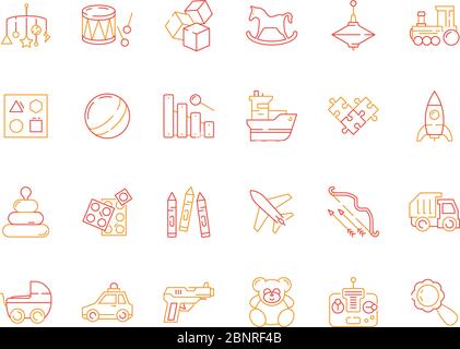 Toys for kids icon. Blocks plastic cars and soldiers books funny games vector thin line colored pictures Stock Vector