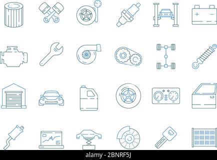 Car service symbols. Automotive tools parts car mechanic details engine gearbox vector thin line icon collection Stock Vector