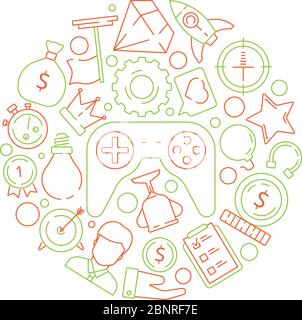 Gamification background. Gamification business concept achievement rules for work competitive challenge vector symbols in circle shape Stock Vector