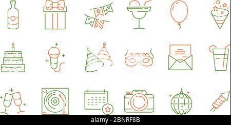 Party celebration icons. Fun events birthday games symbols fireworks food balloons entertainment vector pictures set Stock Vector