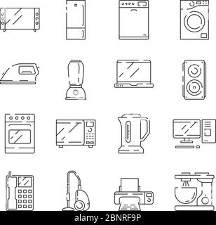Home appliances icon. Electrical household items computer tv refrigerator microwave vector thin line isolated Stock Vector