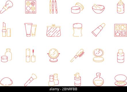 Beauty icons. Makeup items for women lipstick nail polish cream eyeshadows cosmetics vector colored symbols Stock Vector
