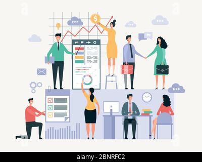 Business team working. Office managers businessmen make together some group work vector abstract oversize characters Stock Vector