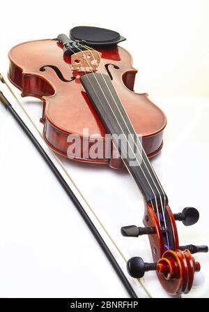 Violin with bow isolated on a white background. Musical concept. Stock Photo
