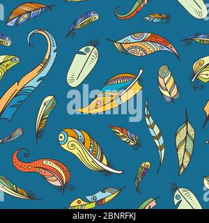 Vector boho doodle feathers pattern or background illustration Stock Vector