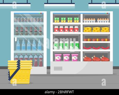 Grocery store showcase. Shop food store inside the supermarket checkout vector background Stock Vector