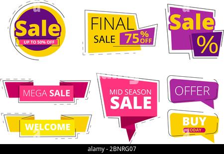 Flat promo banners. Big sale advertizing offers on colored ribbons vector template Stock Vector