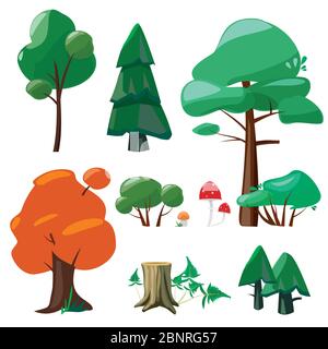Nature cartoon elements. Game ui collection of trees shrubs hemp branches roots stones leaves puddles weather vector symbols cartoon Stock Vector