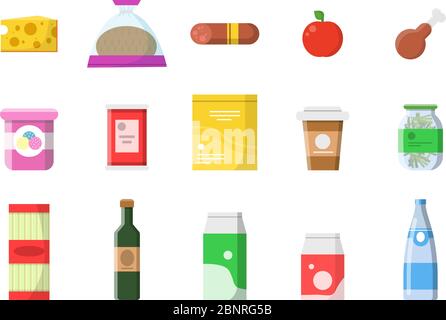 Food market. Grocery basket with products sausage milk fruit wine macaroni cheese vector flat pictures isolated Stock Vector