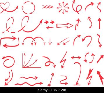Curves arrows shapes. Pen drawing colored arrows direction vector collection isolated on white Stock Vector
