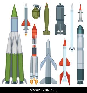 Missile collection. Defense flight armour military weapons vector cartoon set Stock Vector