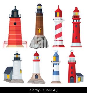 Lighthouses collection. Night sailing building in seaport security searchlights vector illustrations Stock Vector