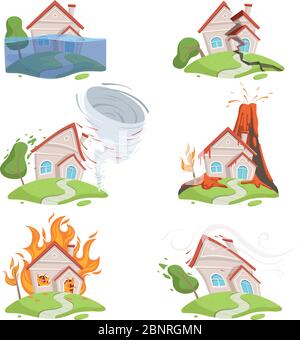 Nature disaster. Mountain ice tsunami volcano lava water twister destruction vector cartoon scene Stock Vector