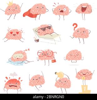 Brain cartoon. Happy cartoon mascot in action poses walking sleeping making exercises vector illustrations Stock Vector