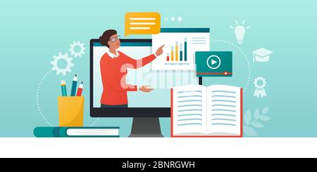 E-learning platform and distance learning: professor connecting online and streaming her video course on a website platform Stock Vector