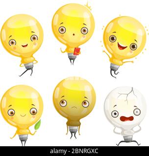 Bulb characters. Cartoon lamp mascot in dynamic poses and fun emotions vector picture Stock Vector