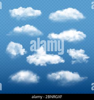 Cloudy sky realistic. Beautiful white clouds condensation collection vector weather elements Stock Vector