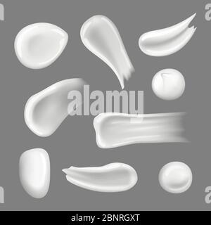 Skin creams drops. Creamy splashes and smear moisturizer natural cosmetic for women vector realistic collection Stock Vector