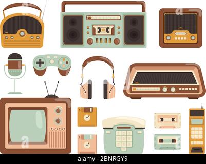 Retro gadgets. 80s electronic cassette recorder tape audio music player radio cell phone vector pictures Stock Vector