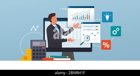 Business management online courses and consulting: executive connecting online and analyzing financial charts Stock Vector