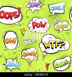 Comic bubbles seamless. Cartoon explode circle shapes talk sounds in balloons retro pattern vector textile design Stock Vector