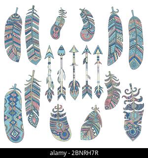 Colored tribal feathers. Arrow with pattern traditional american indian cultural decorated elements vector pictures Stock Vector