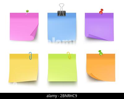 Notes colored. Sticky papers with pin clips memo bank business notes vector realistic template Stock Vector