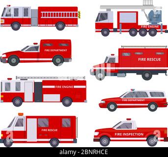 Fire engine. Collection with red emergency department lighting service van helicopter vector vehicles Stock Vector