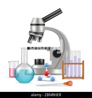Science laboratory 3d. Biology physics items for tests and experiments in lab microscope glass tubes vector realistic composition Stock Vector