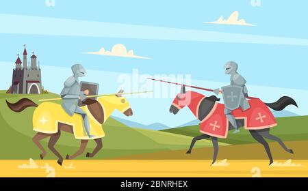 Knights tournament. Medieval chivalry prince in brutal armour helmet warriors on horse vector cartoon background Stock Vector