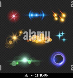 Shining lens flare effects. Solar light bokeh realistic vector template Stock Vector